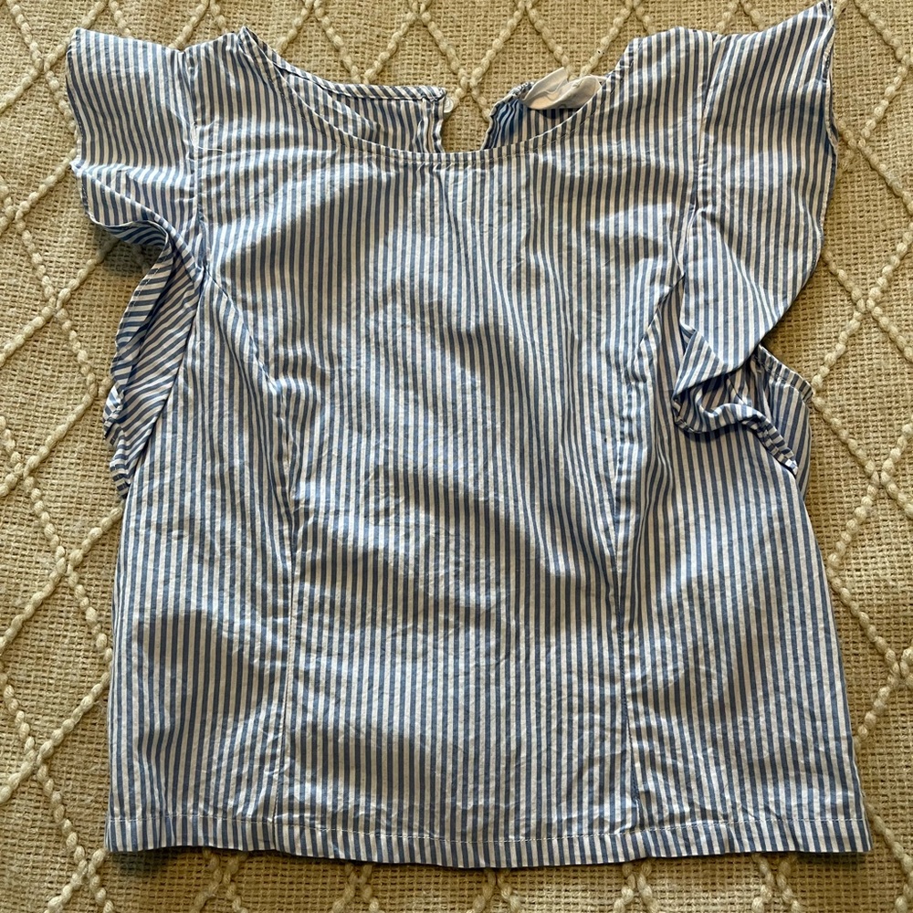 White and blue stripe crop top with flutter sleeve, size S